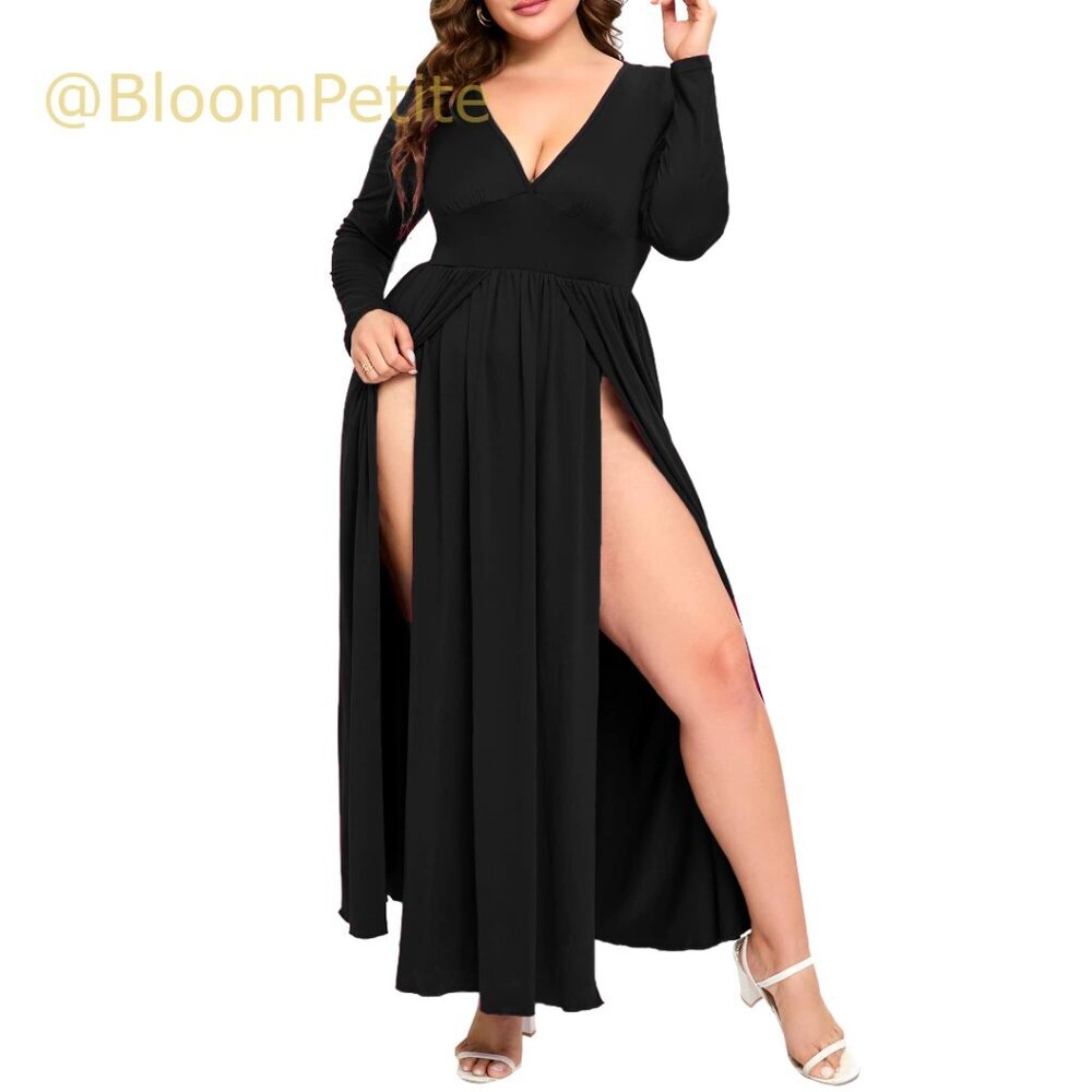Polyester Maxi Dress with Double High Slit and Deep V-Neck